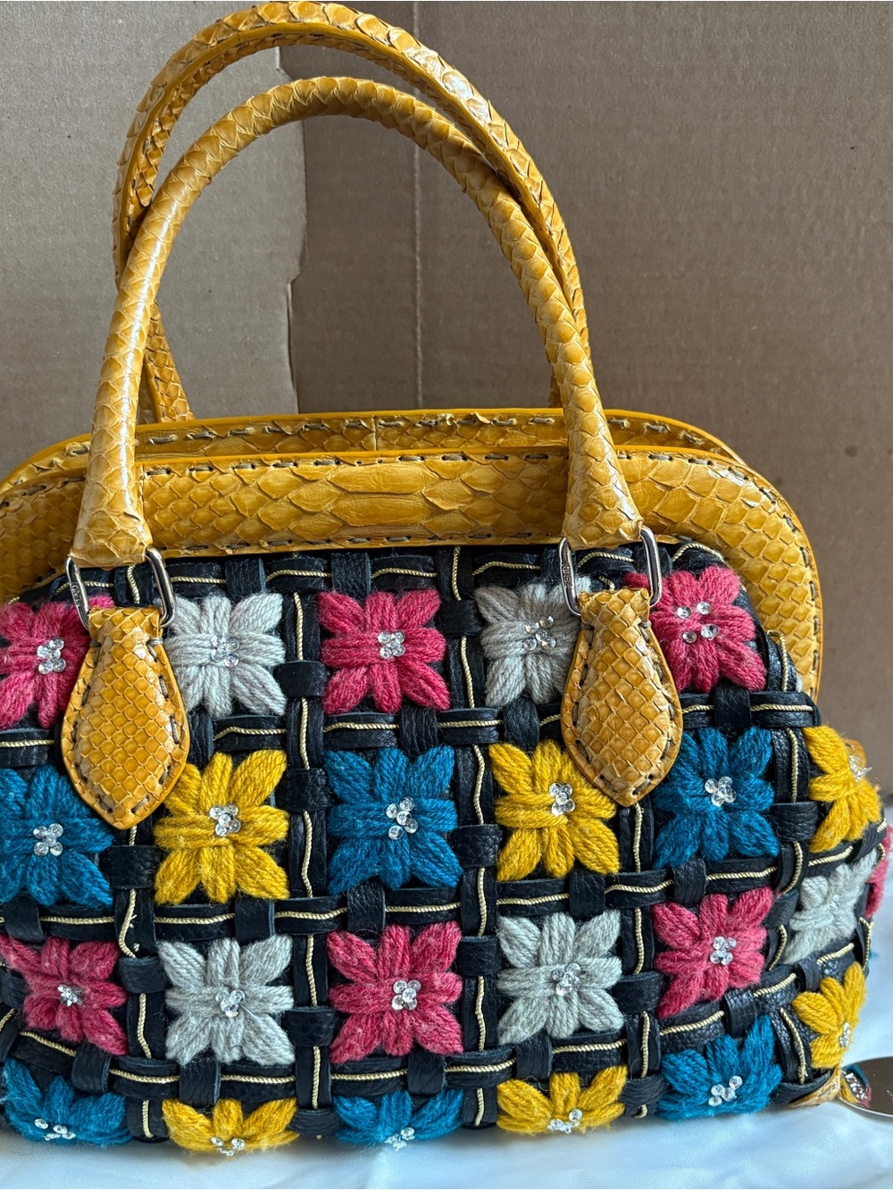 Fendi Selleria Yellow skin Woven Floral Accent Handbag - Picture 2 of 5